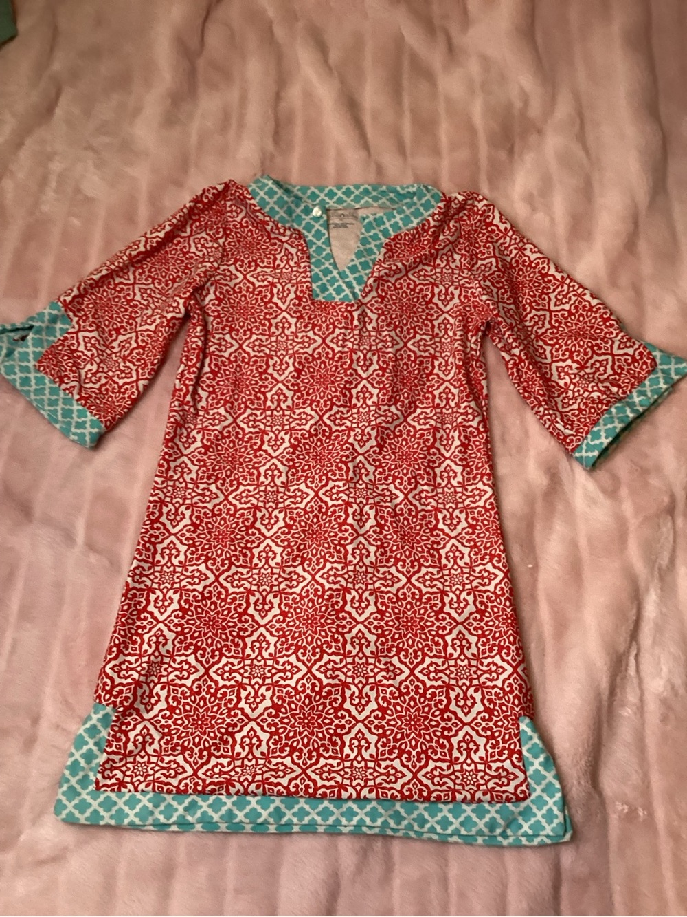 Cabana Life Red Patterned Tunic with Teal Trim